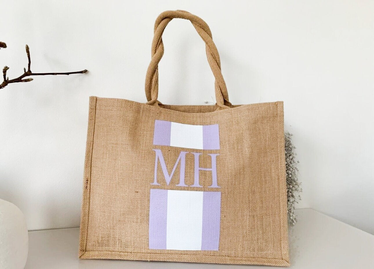 Jute Blockstreifen Tasche mit Initialen