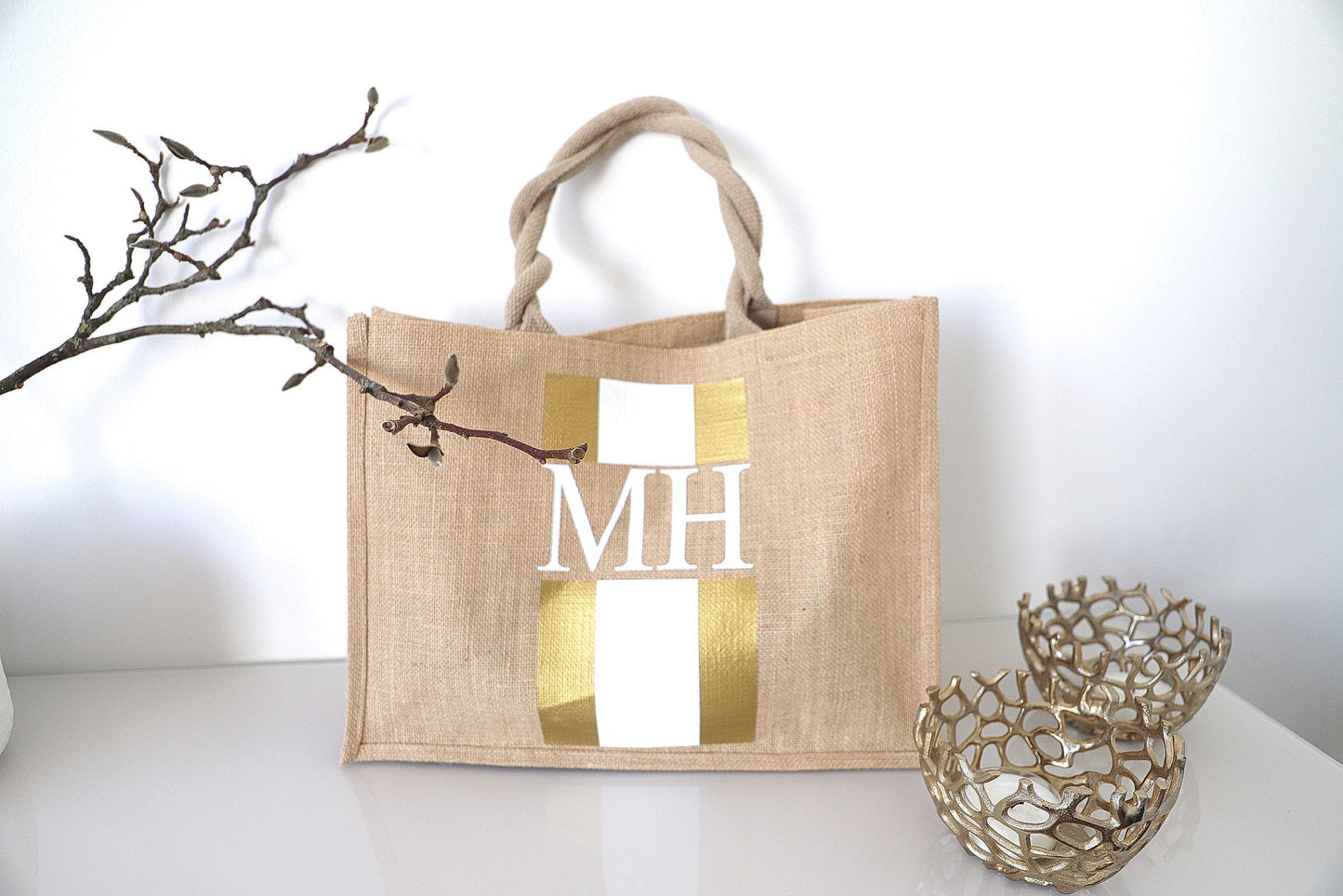 Personalisierte Jute Tasche mit Blockstreifen