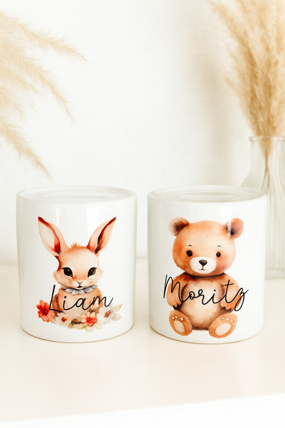 Spardose mit Tiermotiv und Name