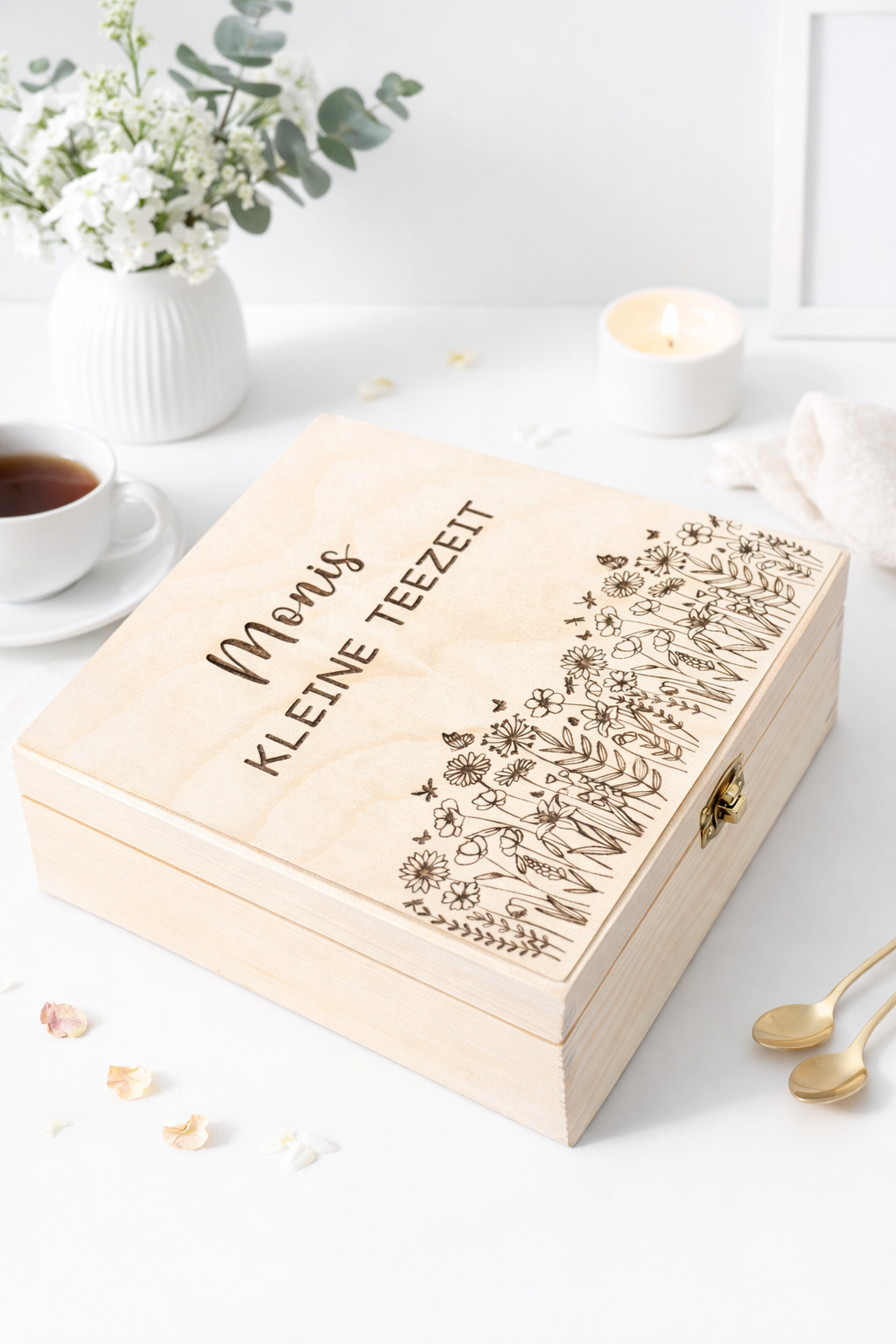 Personalisierte Tee-Holzbox mit Gravur " Kleine Teezeit"