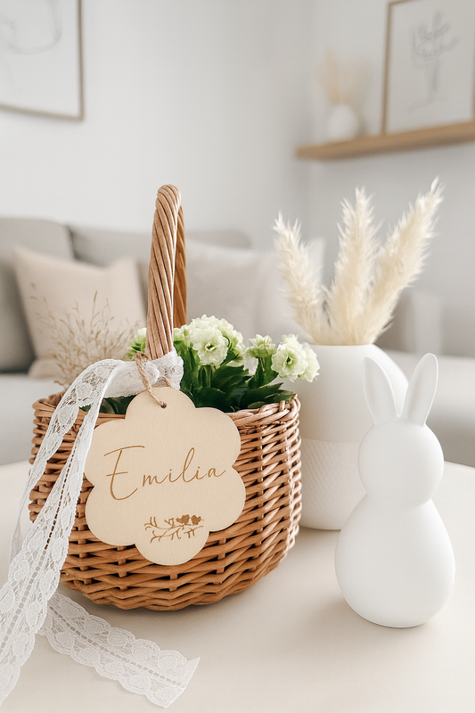 Korb mit Blumenanhänger + Name