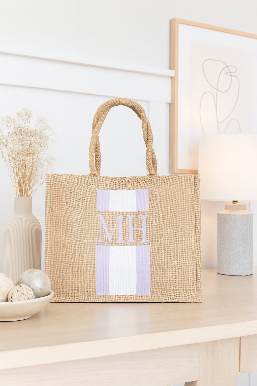 Jute Blockstreifen Tasche mit Initialen