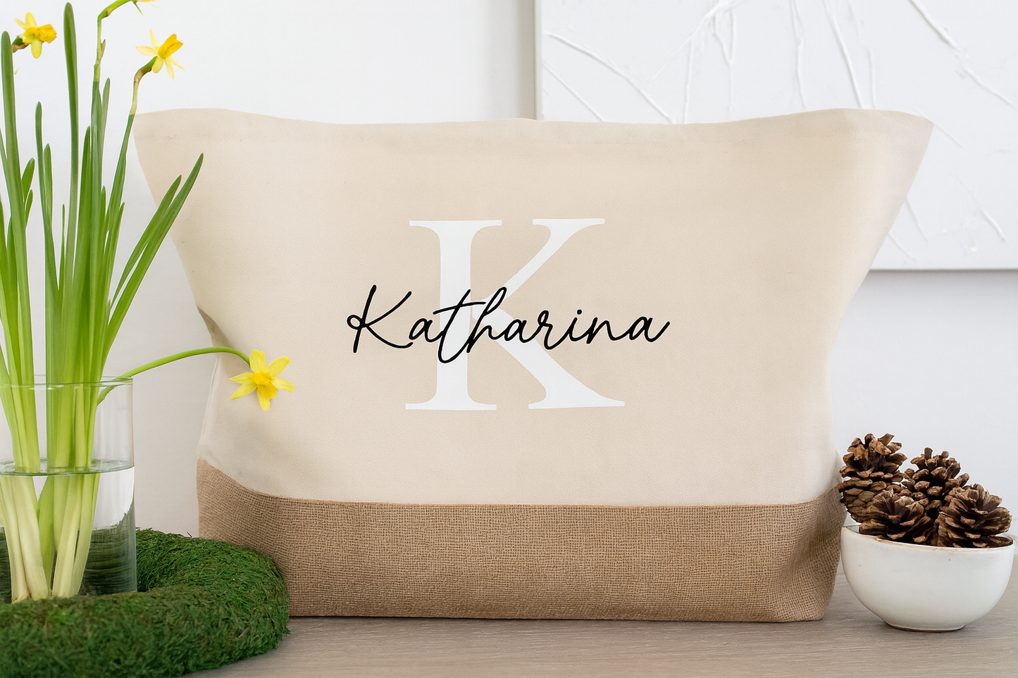 Personalisierte Jutebeutel mit Namen und Initial