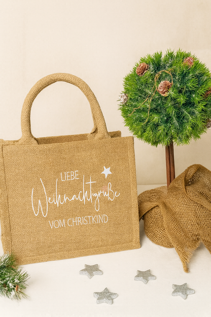 Jute/Weihnachtstasche Glitzer „Liebe Weihnachtsgrüße vom Christkind“