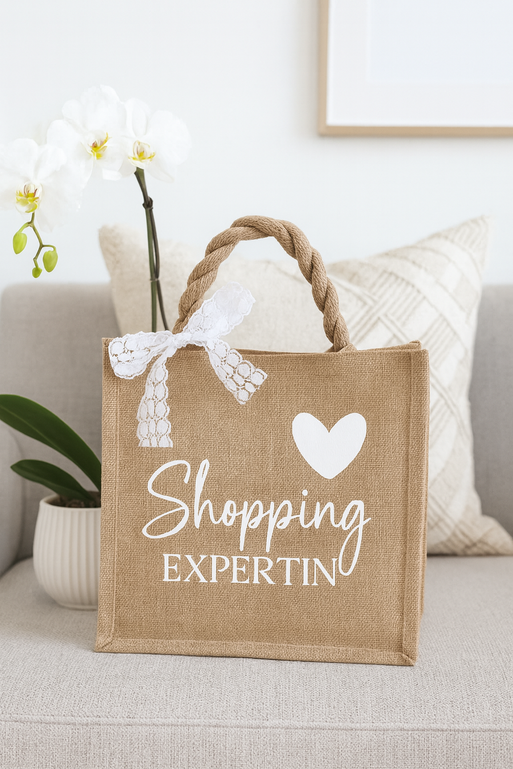 Jute Tasche mit Spruch“ Shopping Expertin „