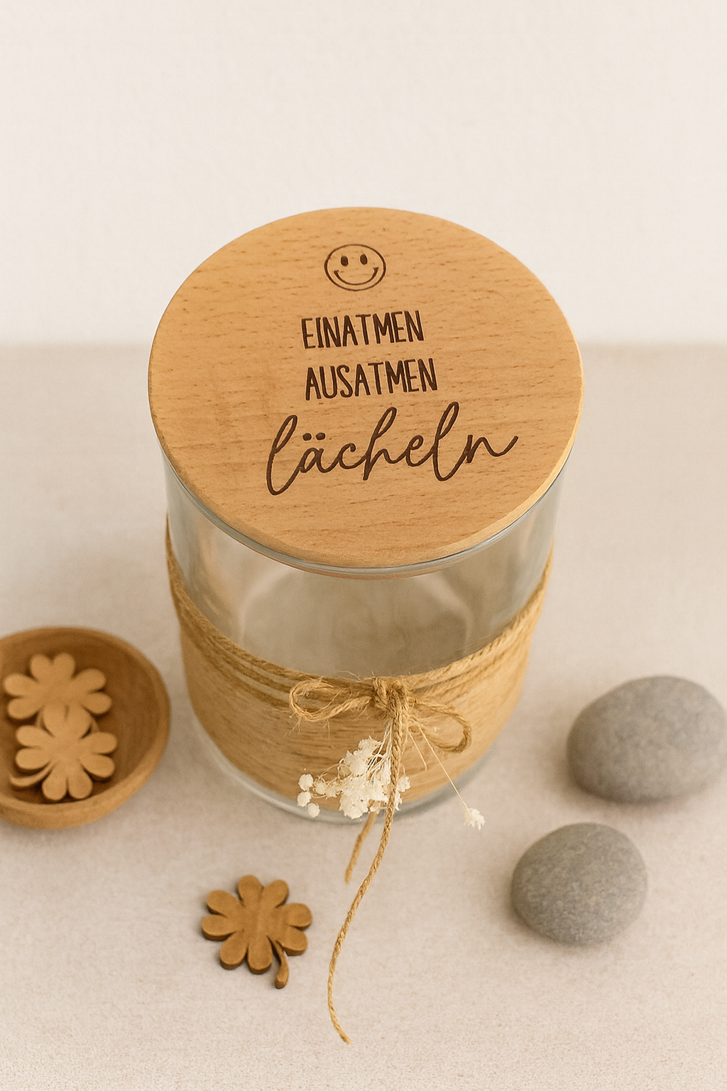 Vorratsglas- Einatmen Ausatmen Lächeln