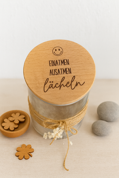 Vorratsglas- Einatmen Ausatmen Lächeln