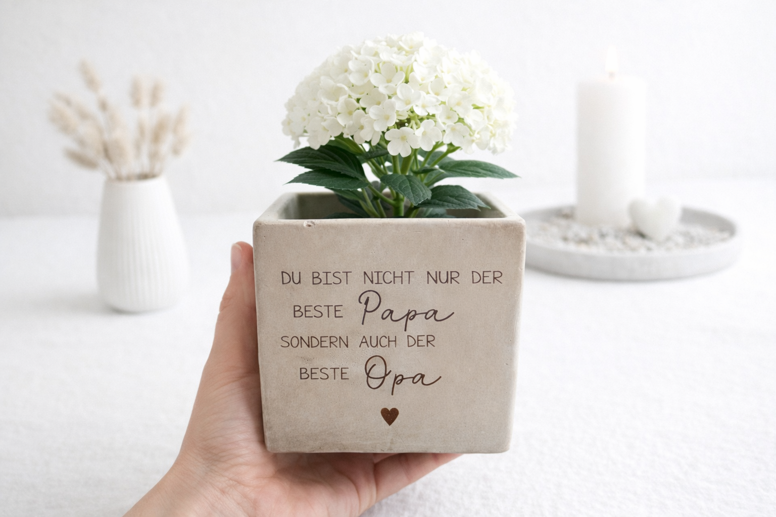 Blumentopf personalisiert mit Gravur für Papa und Opa als Vatertagsgeschenk mit weißer Hortensienpflanze.
