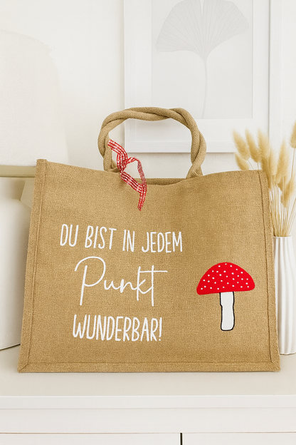 Jutetasche mit Fliegenpilz und Spruch