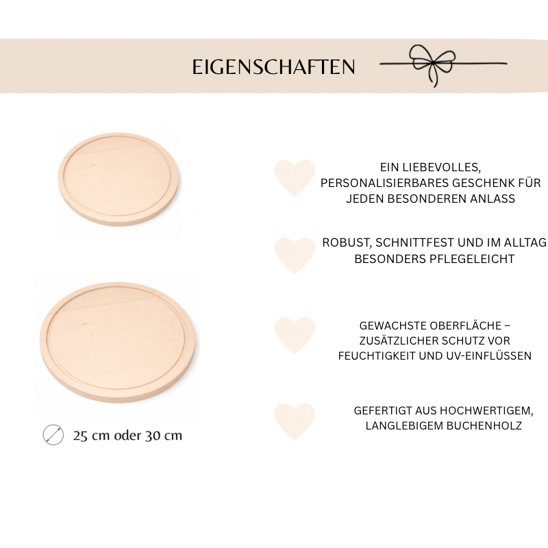 Infografik mit Eigenschaften eines personalisierten Holzbrett aus hochwertigem Buchenholz erhältlich in 25 cm und 30 cm Durchmesser , geschaute Oberfläche, robust und pflegeleicht-ideales personalsierbares Geschenk für besondere Anlässe
