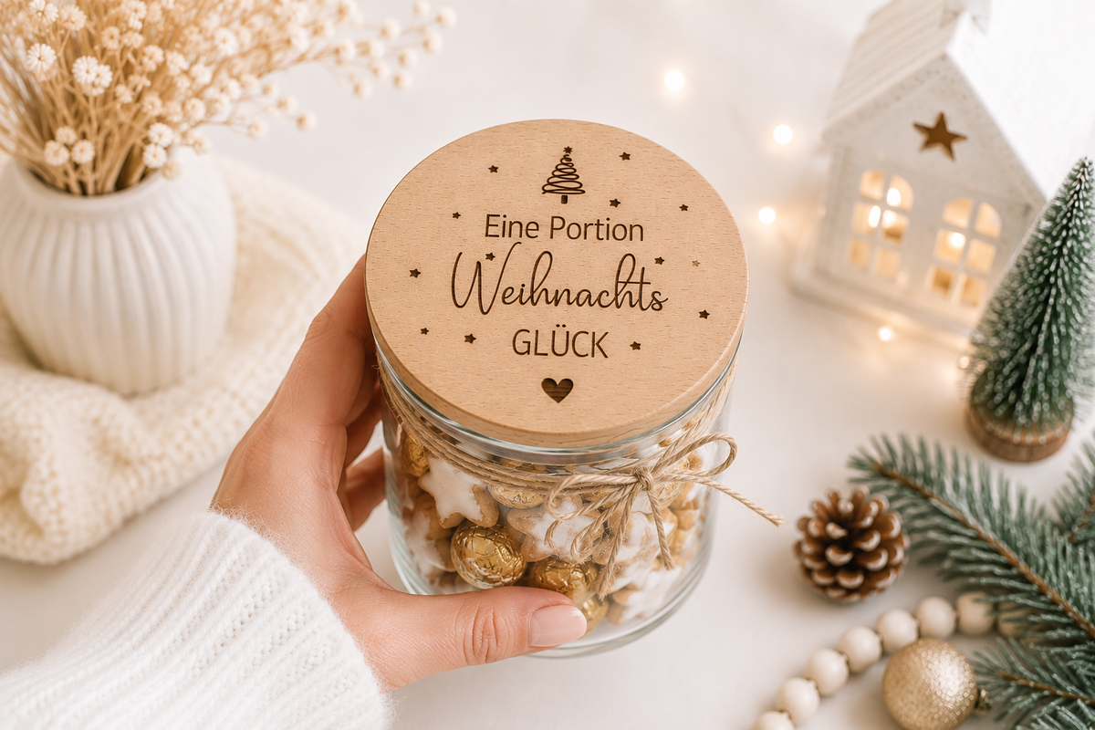 Glas mit Holzdeckel und Weihnachtsgravur „Eine Portion Weihnachtsglück“ als liebevolle kleine Geschenkidee für Familie, Freunde und Kollegen.