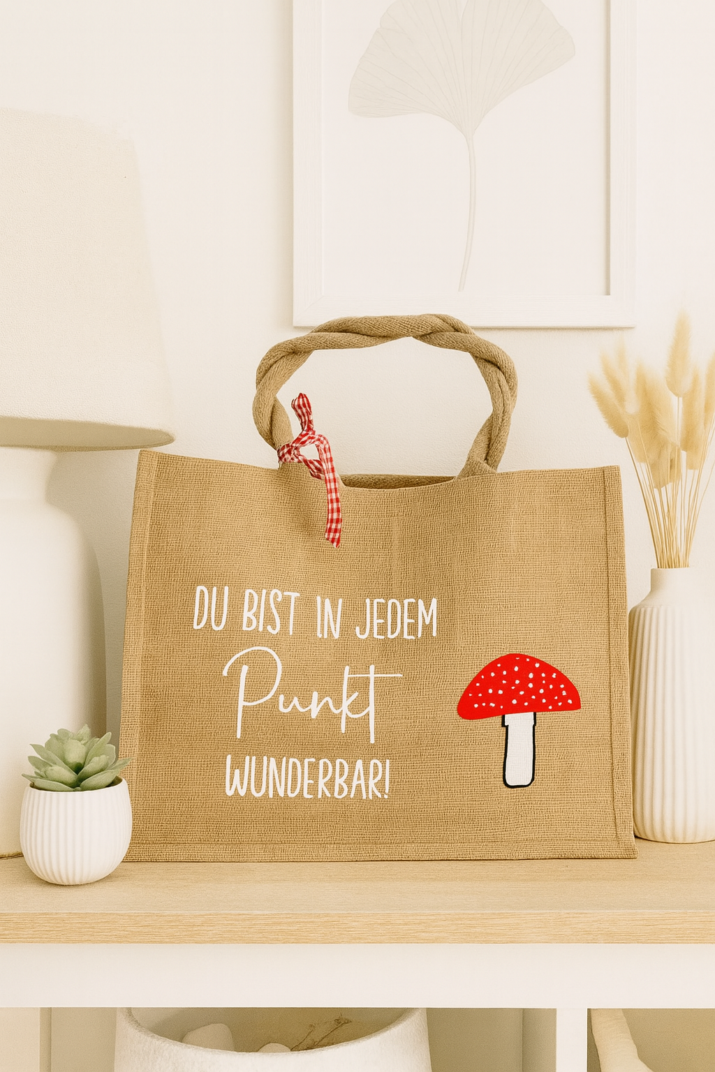 Jutetasche mit Fliegenpilz und Spruch