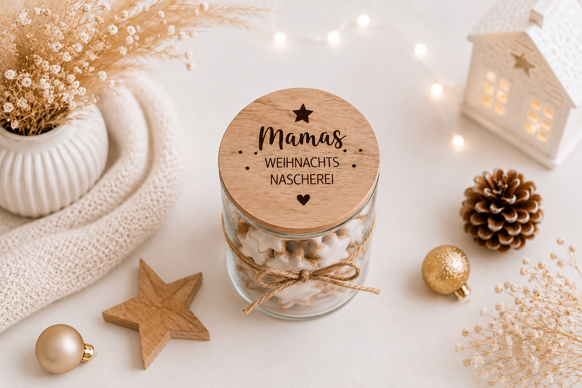 Glas mit graviertem Holzdeckel, Sternen und Herz als Weihnachtsgeschenk für Mama, ideal zum Befüllen mit Plätzchen, Keksen oder süßen Kleinigkeiten.
