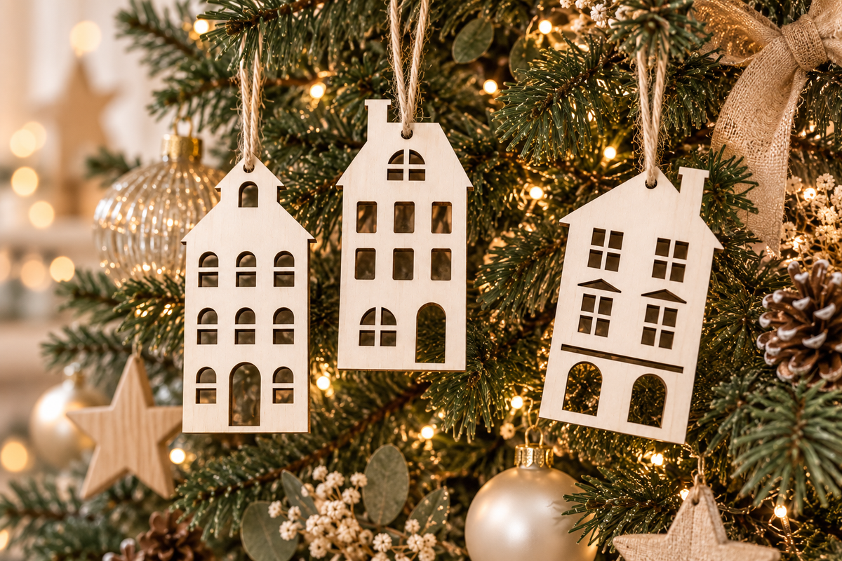 Geschenke Anhänger aus Holz in Form kleiner Häuser – natürliche Weihnachtsdekoration für Geschenkverpackungen, Weihnachtsbaum, Adventskalender und kleine Mitbringsel.