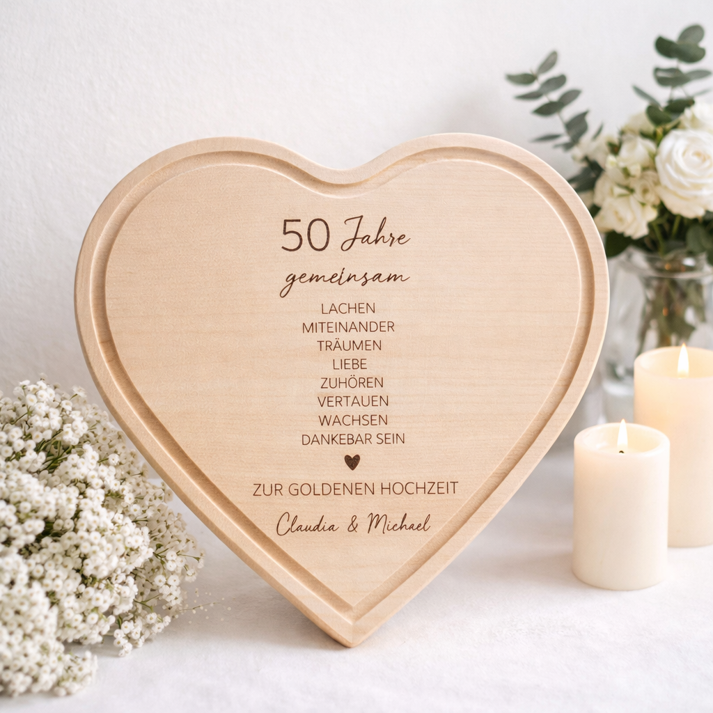 Herzförmiges Holzbrett personalisiert zur Hochzeit oder zum Hochzeitsjubiläum mit individueller Gravur und Namen