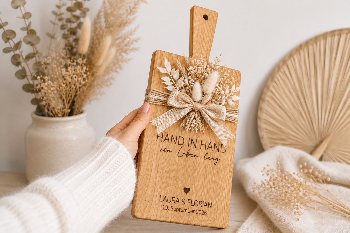 Graviertes Holzbrett zur Hochzeit mit den Namen des Brautpaares, Hochzeitsdatum und romantischem Spruch – persönliches Geschenk für Braut und Bräutigam.