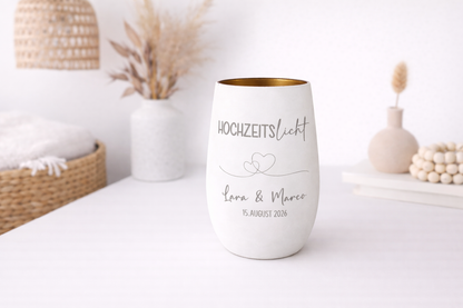 Windlicht Hochzeit personalisiert mit goldener Innenseite, romantisches Geschenk für Brautpaar oder Valentinstag