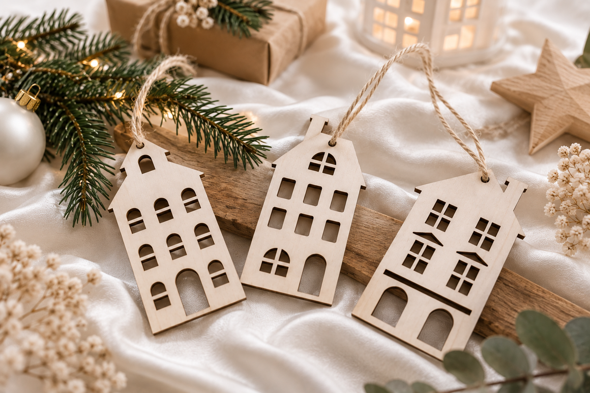 Natürliche Holz Anhänger für Weihnachten in verschiedenen Hausformen – wiederverwendbare Weihnachtsdeko für Baum, Geschenke, Adventskalender und kreative Wichtel Ideen.
