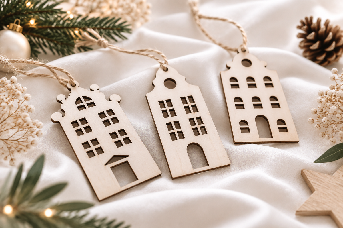 Drei Holz Anhänger in Hausform auf hellem Stoff mit weihnachtlicher Dekoration – natürlicher Baumschmuck Holz Weihnachten und liebevolle Geschenke Anhänger.