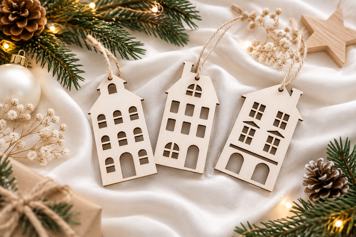 Drei Holz Anhänger in Hausform auf hellem Stoff mit weihnachtlicher Dekoration – natürlicher Baumschmuck Holz Weihnachten und liebevolle Geschenke Anhänger.
