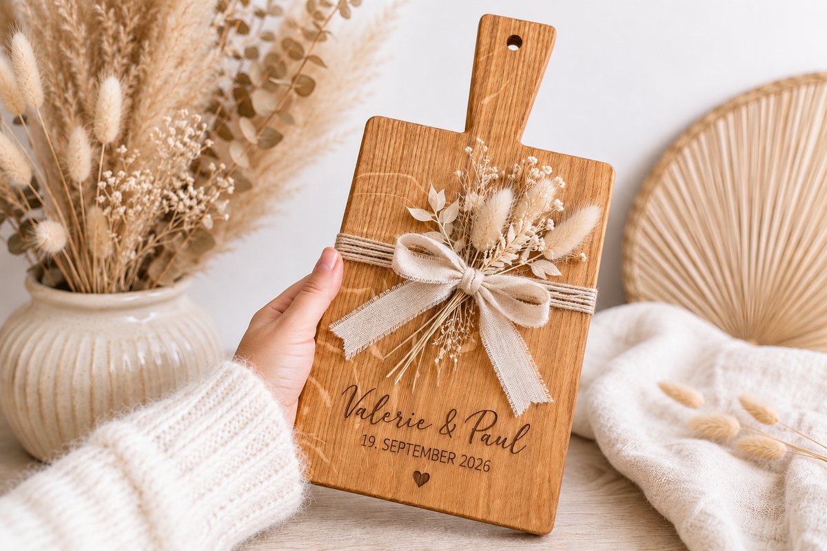 ndividuelles Holzbrett mit Namen des Brautpaares, Datum und kleinem Herz – persönliche Geschenkidee zur Hochzeit oder standesamtlichen Trauung.