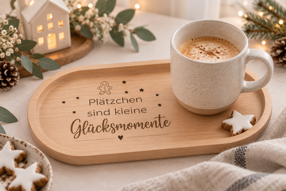 Dekoratives Holztablett mit graviertem Weihnachtsspruch, Sternen und Lebkuchenmotiv – schöne Weihnachtsdeko und kleine Geschenkidee für Familie und Freunde.