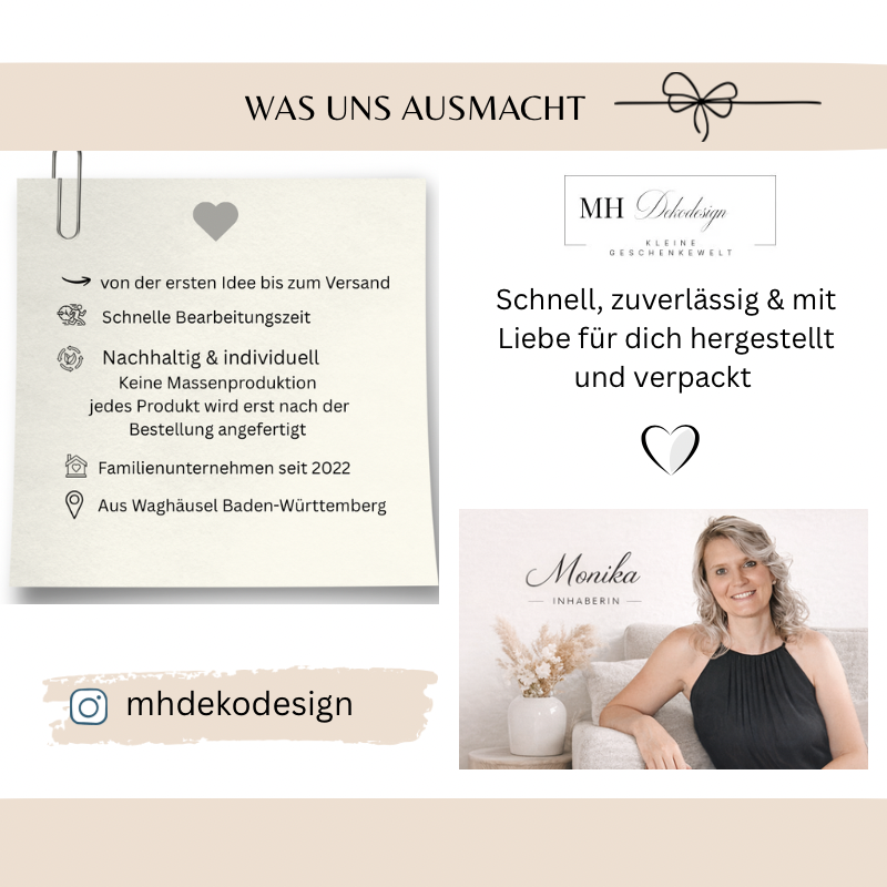Marken-Infobild von MH Dekodesign – Kleine Geschenkewelt mit dem Titel „Was uns ausmacht“. Aufgelistet sind schnelle Bearbeitungszeit, nachhaltige und individuelle Anfertigung ohne Massenproduktion, Herstellung nach Bestellung, Familienunternehmen seit 2022 sowie Standort Waghäusel Baden-Württemberg. Rechts steht „Schnell, zuverlässig & mit Liebe für dich hergestellt und verpackt“. Unten ist Inhaberin Monika abgebildet sowie der Instagram-Name mhdekodesign.