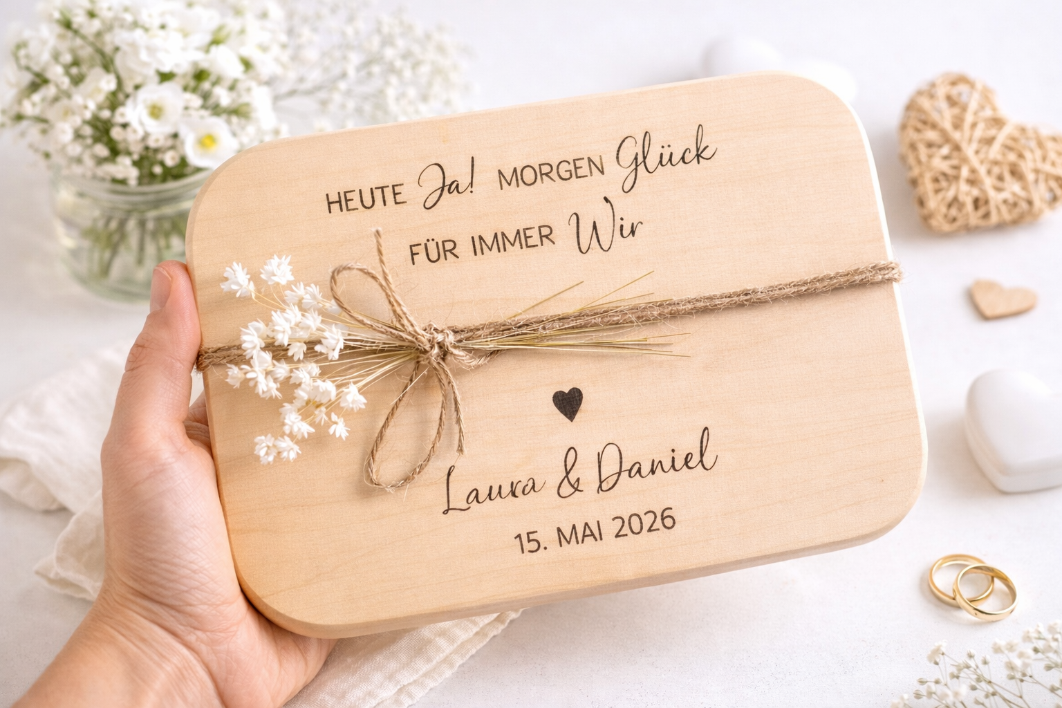 Personalisiertes Holzbrett mit Namen und Datum als romantisches Geschenk Jahrestag Partner
