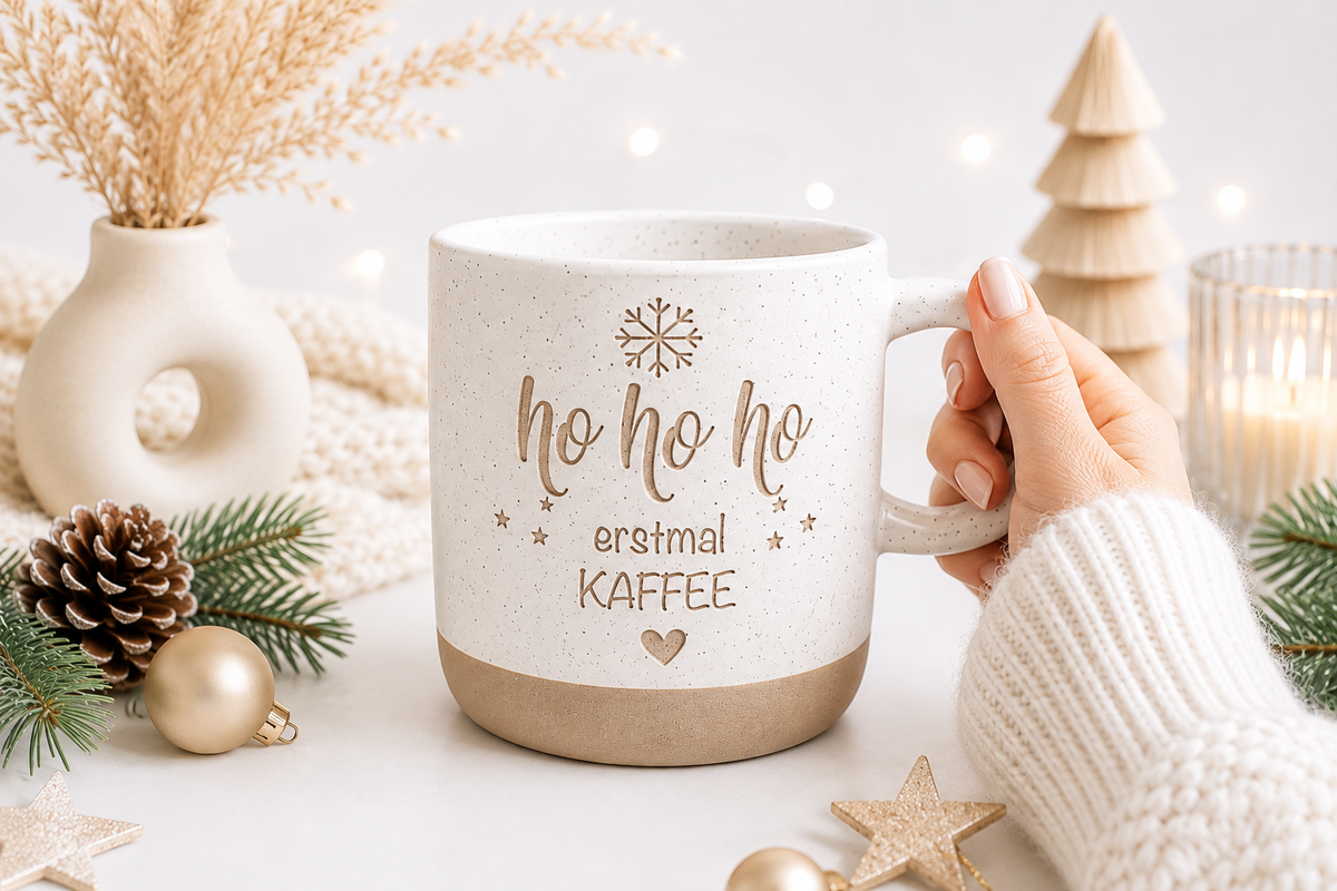Weihnachtliche Keramiktasse mit schwarzer Aufschrift „Ho Ho Ho erstmal Kaffee“ in heller Boho-Weihnachtsdekoration. Geschenkidee für Kaffeeliebhaber, Nikolaus und Adventskalender.