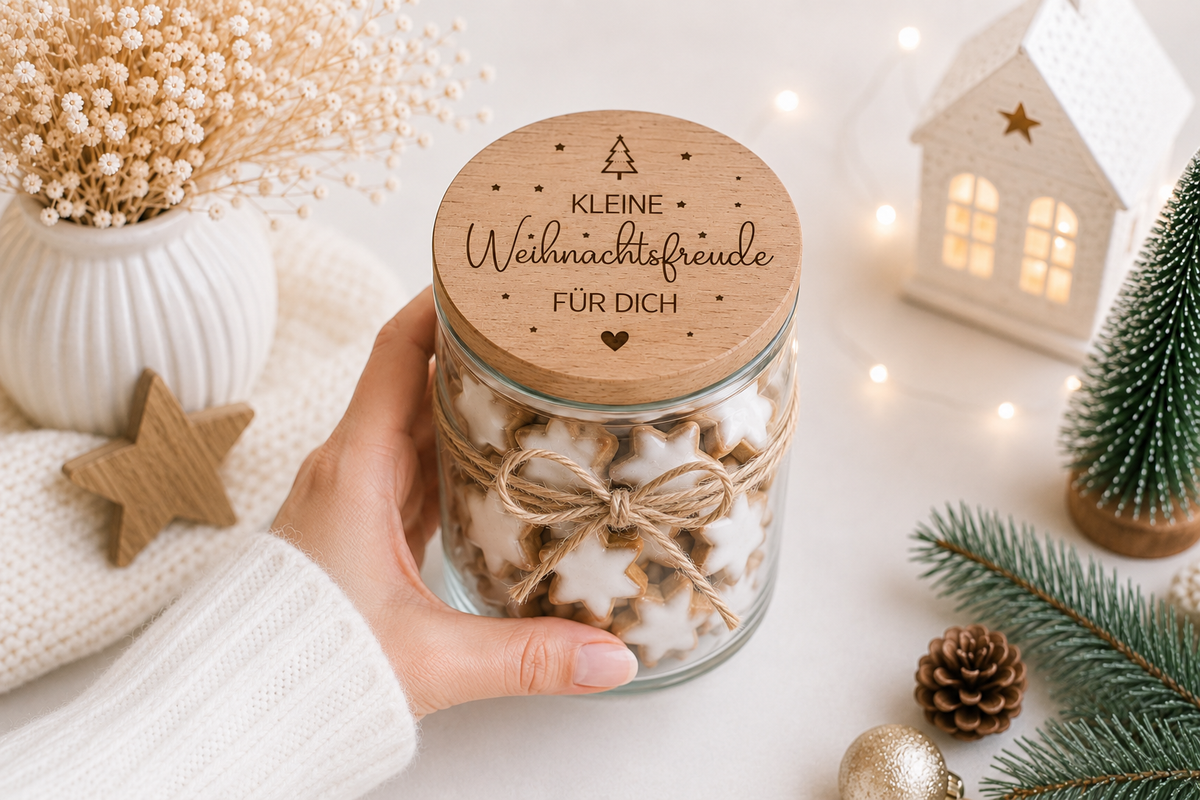 Vorratsglas mit graviertem Holzdeckel „Kleine Weihnachtsfreude für dich“, liebevolle Geschenkidee zu Weihnachten für Plätzchen, Kekse und kleine Überraschungen.
