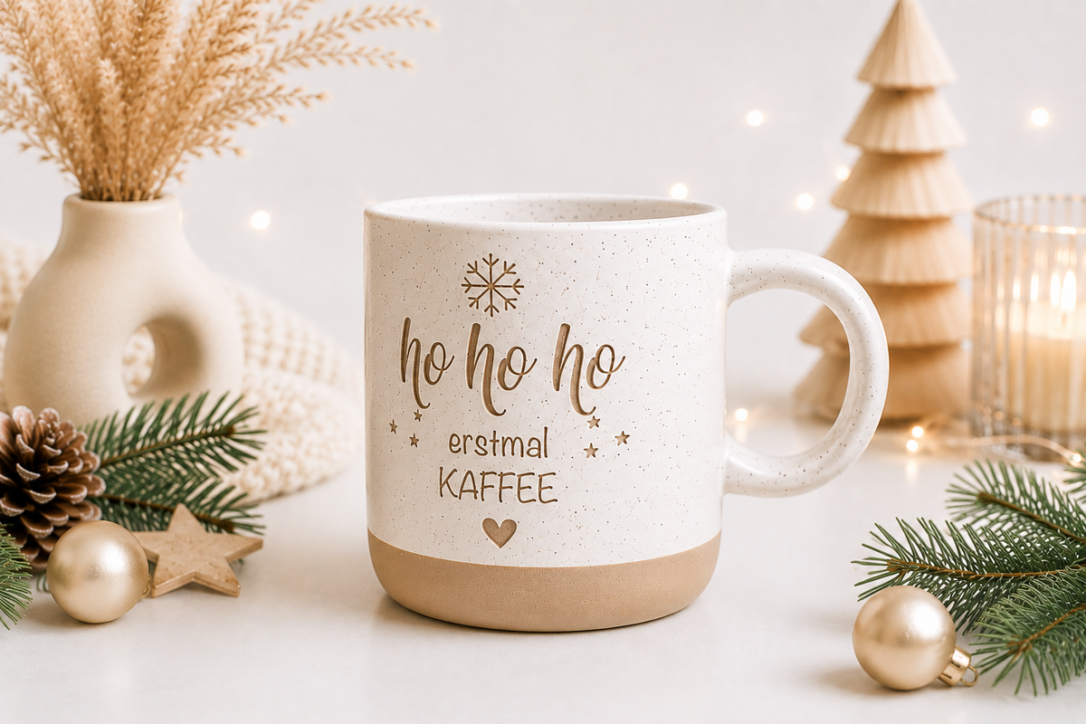 Lustige Weihnachtstasse mit Spruch „Ho Ho Ho erstmal Kaffee“, dekoriert mit Tannenzweigen, Zapfen und Weihnachtskugeln. Perfekt als Wichtelgeschenk oder kleine Aufmerksamkeit.