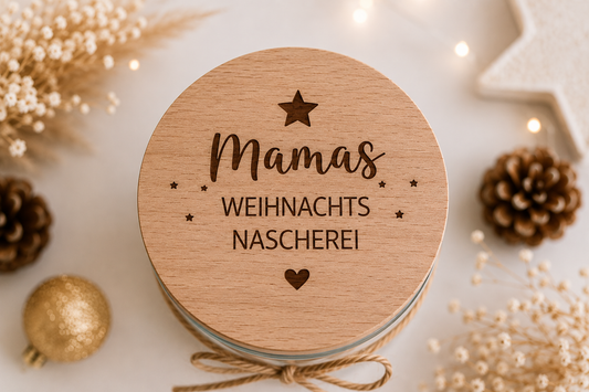 lätzchenglas mit graviertem Holzdeckel „Mamas Weihnachtsnascherei“, liebevolle Geschenkidee für Mama zu Weihnachten zum Befüllen mit Keksen und Süßigkeiten.
