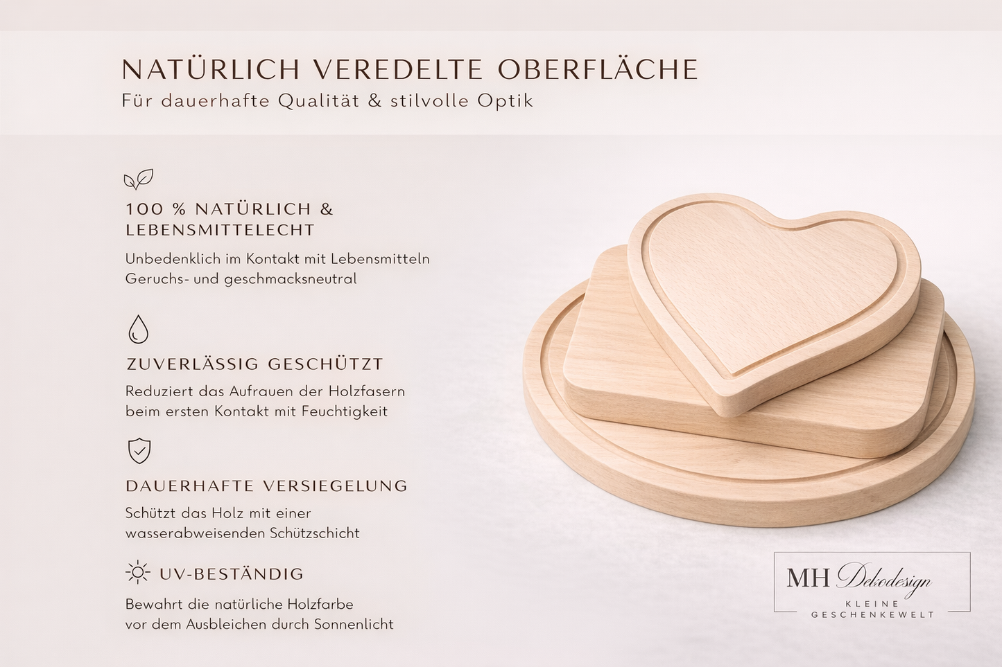 Detailbild mehrerer hochwertiger Schneidebretter aus Buchenholz mit natürlich veredelter Oberfläche, 100 Prozent lebensmittelecht, wasserabweisend versiegelt und UV-beständig, langlebige und geschützte Holzstruktur für dauerhafte Qualität, geeignet als personalisiertes Frühstücksbrett oder Geschenk für besondere Anlässe
