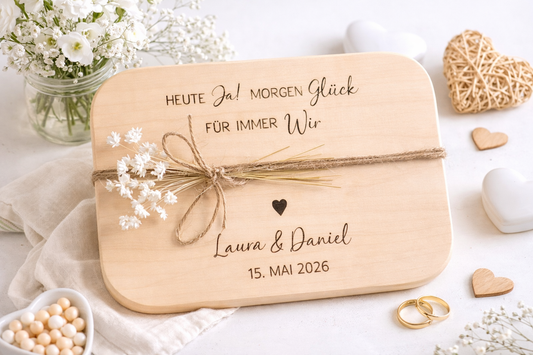 Frühstücksbrett aus Holz mit individueller Gravur als Geschenk zur Hochzeit oder Standesamt
