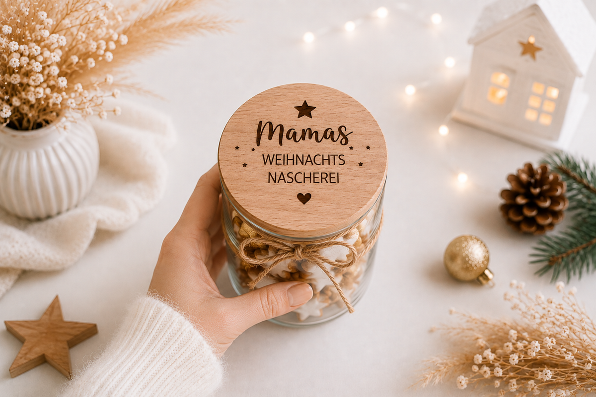 Dekoratives Weihnachtsglas für Mama mit Holzdeckel und Gravur „Mamas Weihnachtsnascherei“, persönliche Geschenkidee für Advent, Nikolaus und Weihnachten.