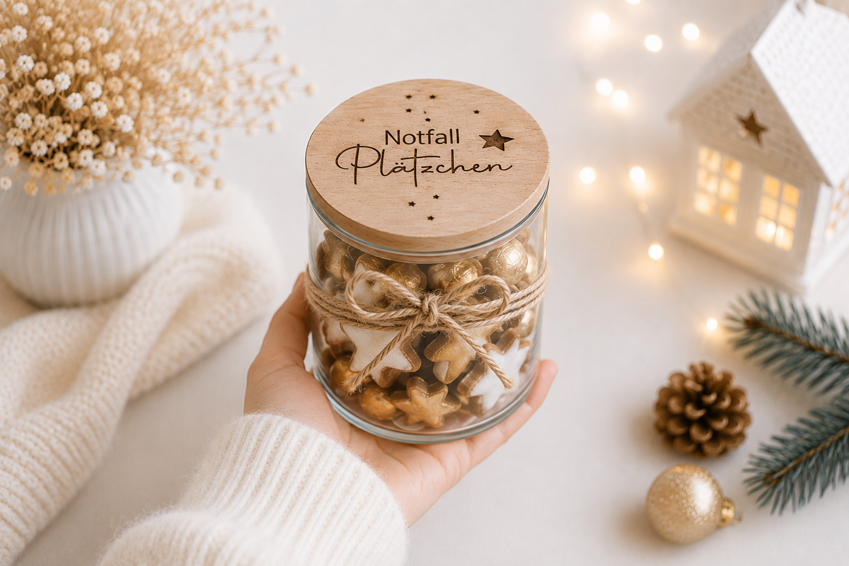 Weihnachtliches Notfall Plätzchen Glas mit graviertem Holzdeckel, dekoratives Vorratsglas für Kekse und Plätzchen als kleine Geschenkidee zu Weihnachten.