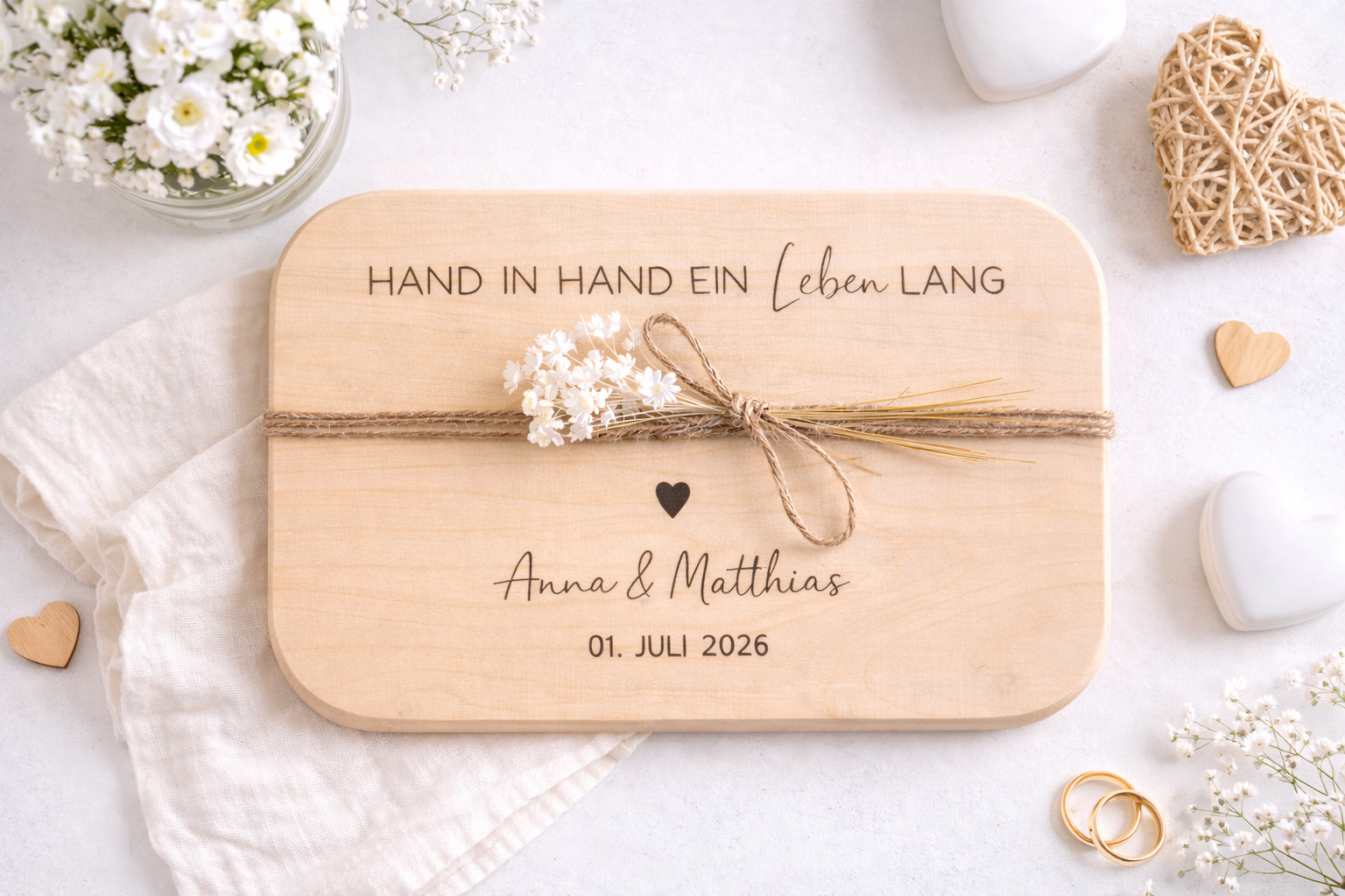 Graviertes Frühstücksbrett aus Holz als personalisierte Geschenke Jahrestag für Ehepartner und Paare.