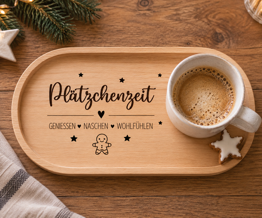 Dekoratives Tablett aus Holz mit Plätzchen-Spruch, Sternen und Weihnachtsmotiv – als Weihnachtstablett, Adventsdeko oder liebevolles Geschenk für die Weihnachtszeit.