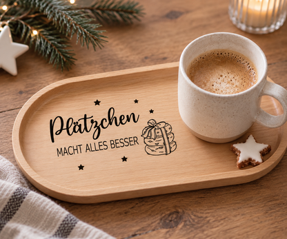Dekoratives Tablett aus Holz mit Plätzchen-Spruch, Sternen und Weihnachtsmotiv – als Weihnachtstablett, Adventsdeko oder liebevolles Geschenk für die Weihnachtszeit.