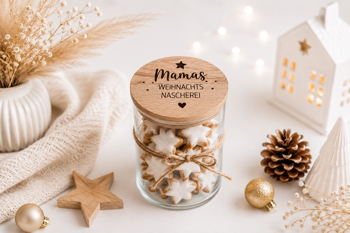 Weihnachtliches Vorratsglas mit graviertem Holzdeckel für Mama, dekorative Aufbewahrung für Plätzchen, Weihnachtskekse und kleine Naschereien.
