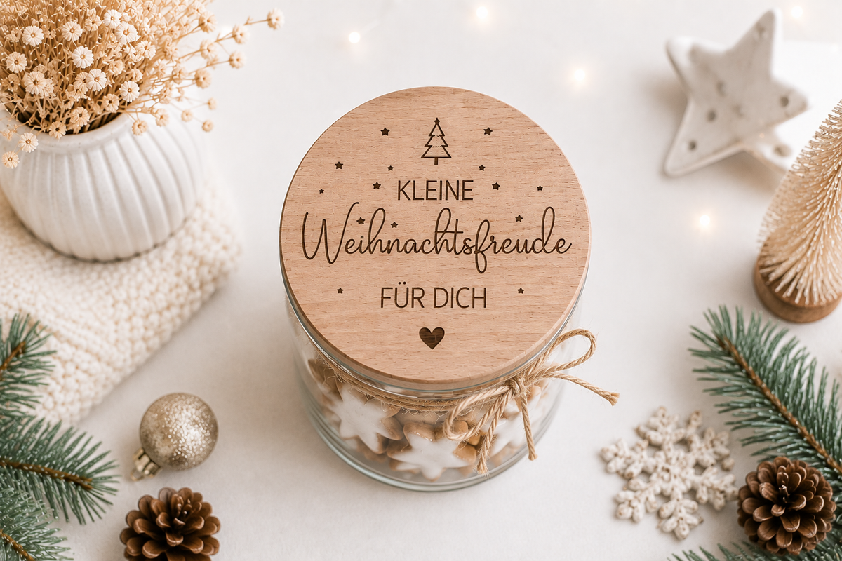 Weihnachtliches Glas mit graviertem Holzdeckel und Spruch „Kleine Weihnachtsfreude für dich“, schöne Geschenkidee für Familie, Freunde und Kollegen.