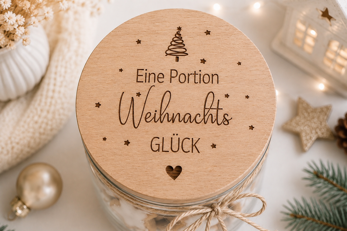 Weihnachtliches Vorratsglas mit graviertem Holzdeckel „Eine Portion Weihnachtsglück“, dekoriert mit Tannenzweigen, Weihnachtskugeln und Sternen.