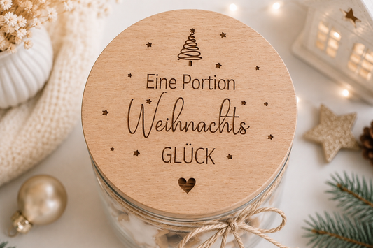 Weihnachtliches Vorratsglas mit graviertem Holzdeckel „Eine Portion Weihnachtsglück“, dekoriert mit Tannenzweigen, Weihnachtskugeln und Sternen.