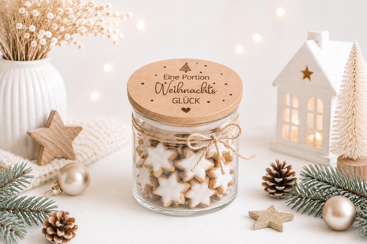 Weihnachtliches Geschenkglas mit hochwertig graviertem Holzdeckel und Spruch „Eine Portion Weihnachtsglück“, ideal als kleines Mitbringsel in der Adventszeit.