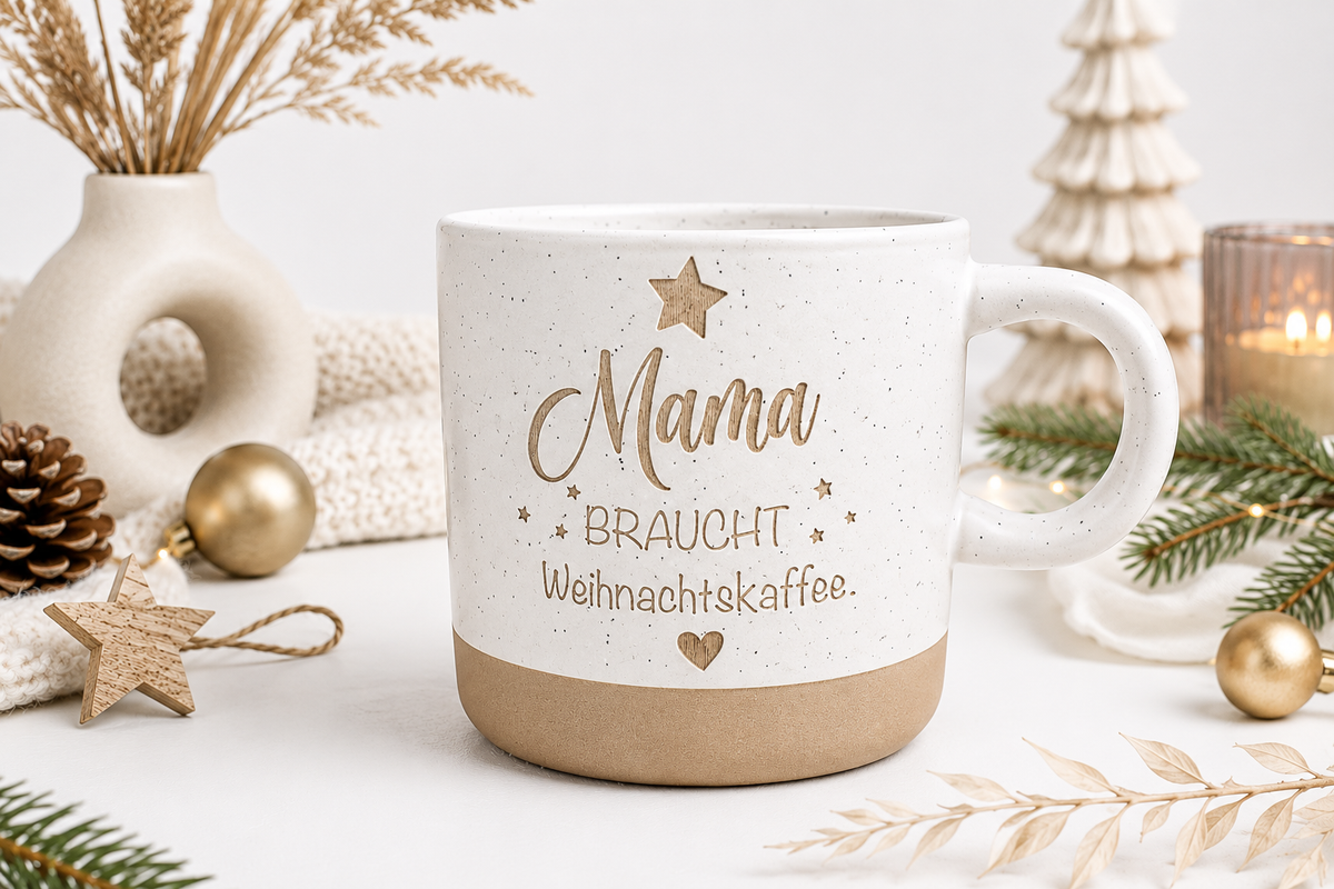 Weiße Keramiktasse aus Steingut mit naturfarbenem Boden und weihnachtlicher Gravur. Die Tasse Mama braucht Weihnachtskaffee ist eine schöne Geschenkidee für die Adventszeit.