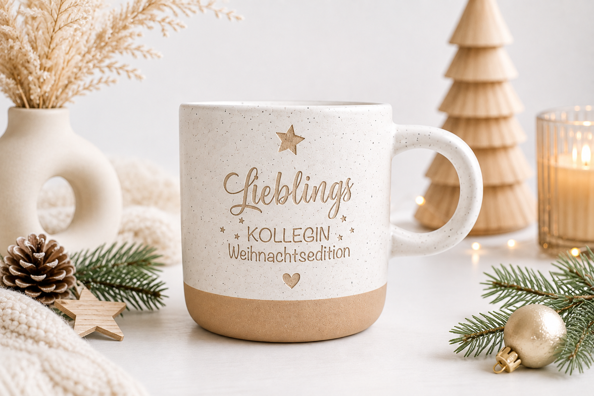Weihnachtliche Steingut Tasse mit Gravur „Lieblingskollegin“ und liebevoller Weihnachtsdekoration. Persönliche Geschenkidee für die Kollegin zu Weihnachten, zum Wichteln oder als kleine Aufmerksamkeit.