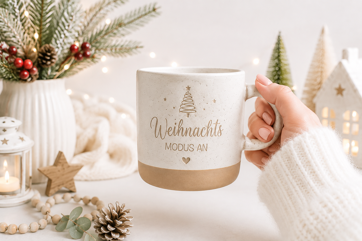 Weihnachtstasse aus Keramik mit Spruch „Weihnachtsmodus an“, liebevoll in einer Hand gehalten. Umgeben von Tannenzweigen und dezenter Weihnachtsdeko. Geschenkidee für Kaffeeliebhaber.