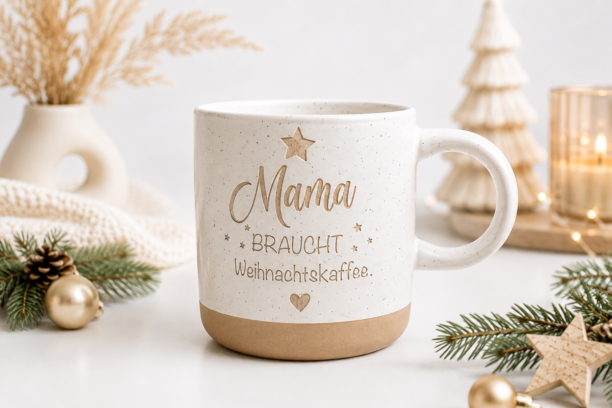 Weihnachtliche Steingut Tasse mit dem Spruch Mama braucht Weihnachtskaffee in heller Weihnachtsdekoration. Persönliches Weihnachtsgeschenk für Mama und kleine Aufmerksamkeit im Advent.