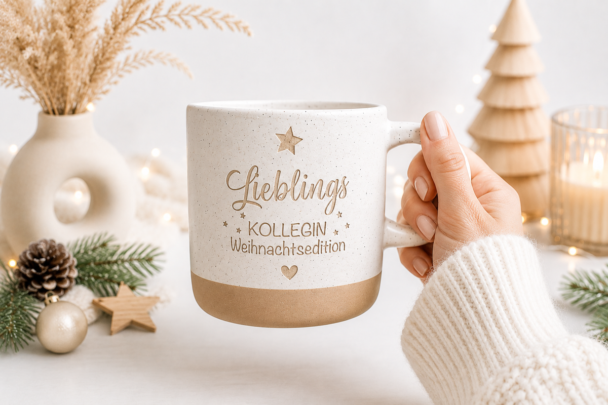 Liebevoll gestaltete Weihnachtstasse mit dem Schriftzug Lieblingskollegin, Sternen und kleinen Herzen. Ein persönliches Weihnachtsgeschenk für Kolleginnen als Dankeschön für die gemeinsame Zeit im Büro.