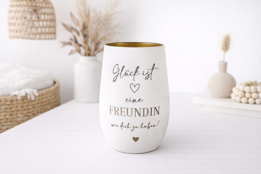 Windlicht mit Spruch für Freundin mit goldener Innenseite, stilvolle Kerzendeko als Geburtstagsgeschenk beste Freundin.
